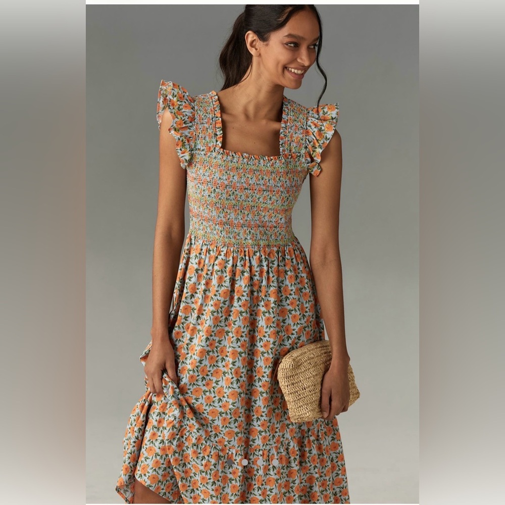 English Factory Cream and Orange Floral Smocked Midi Dress